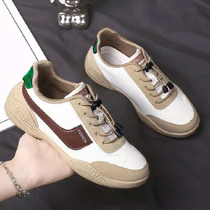 Freyr Size 38-41 Women's PU artificial leather shoes ladies running shoes girls board shoes athletic shoes flat fashion casual sports shoes students white shoes Yoga gym shoes white+ brown