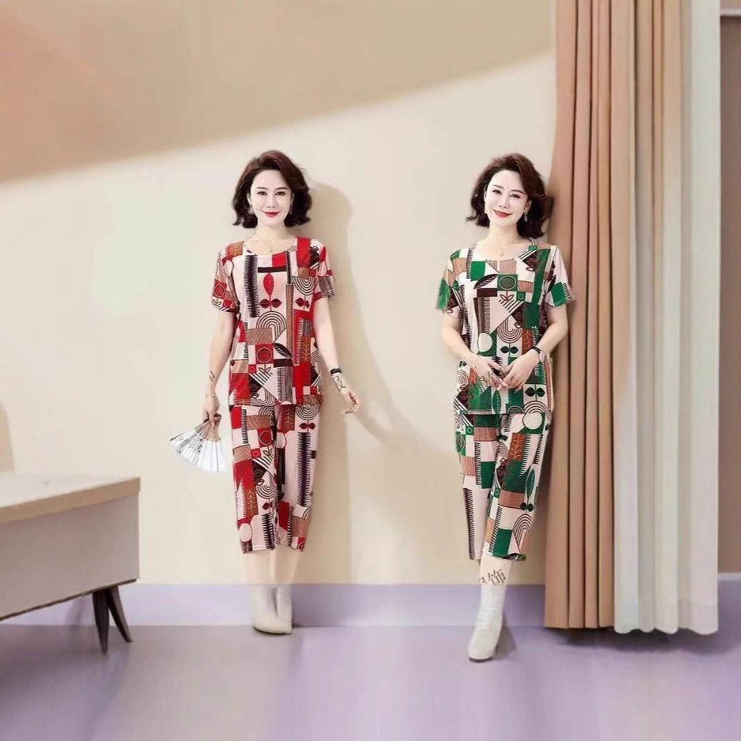 Freyr Large size 2XL-4XL Top + Shorts summer mom's clothing silk tops women's short-sleeved sets ladies round collar home wear casual outerwear sets