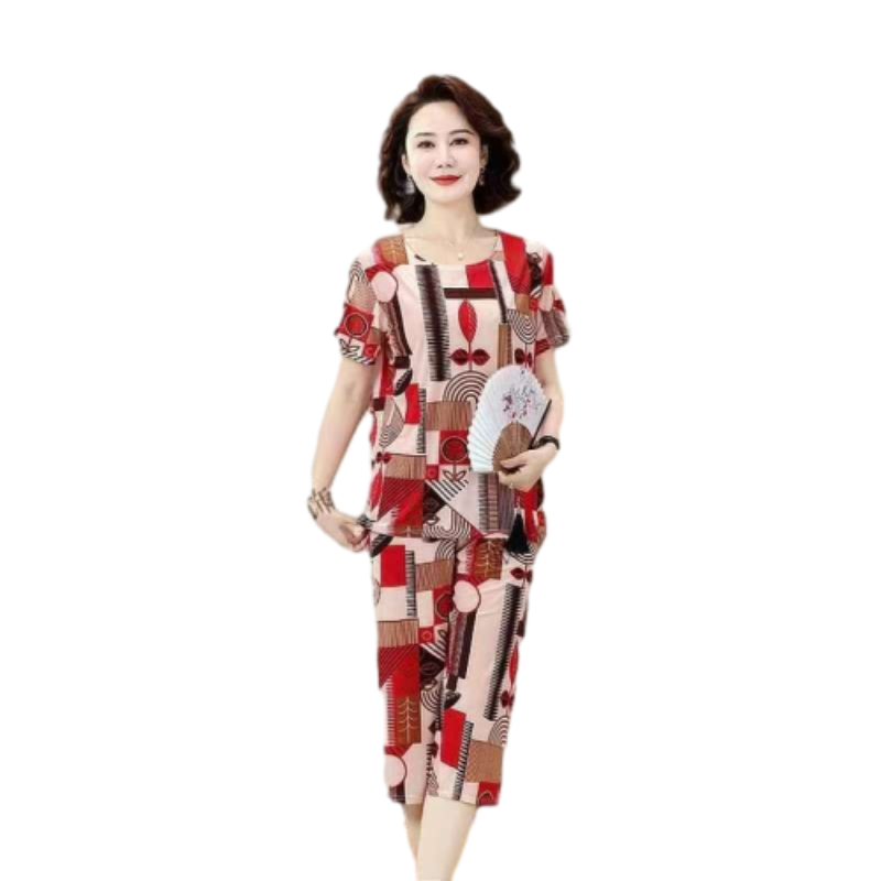 Freyr Large size 2XL-4XL Top + Shorts summer mom's clothing silk tops women's short-sleeved sets ladies round collar home wear casual outerwear sets