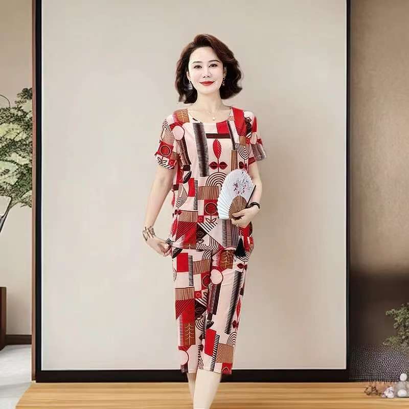 Freyr Large size 2XL-4XL Top + Shorts summer mom's clothing silk tops women's short-sleeved sets ladies round collar home wear casual outerwear sets