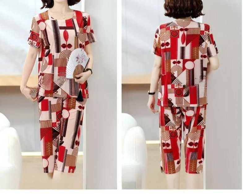 Freyr Large size 2XL-4XL Top + Shorts summer mom's clothing silk tops women's short-sleeved sets ladies round collar home wear casual outerwear sets