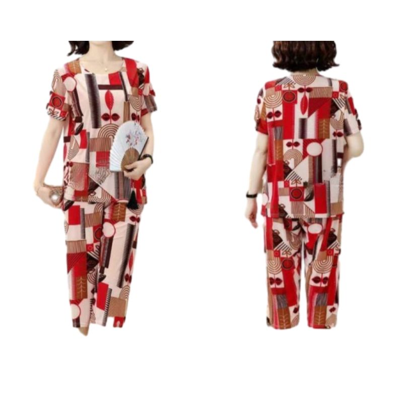 Freyr Large size 2XL-4XL Top + Shorts summer mom's clothing silk tops women's short-sleeved sets ladies round collar home wear casual outerwear sets