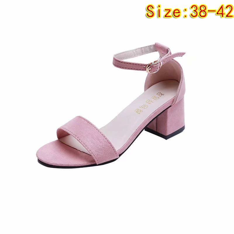 Size 38-42 ladies simple heels shoes women's casual single button sandals shoes girls chunky heel single strap round toe sandals pink open  shoes