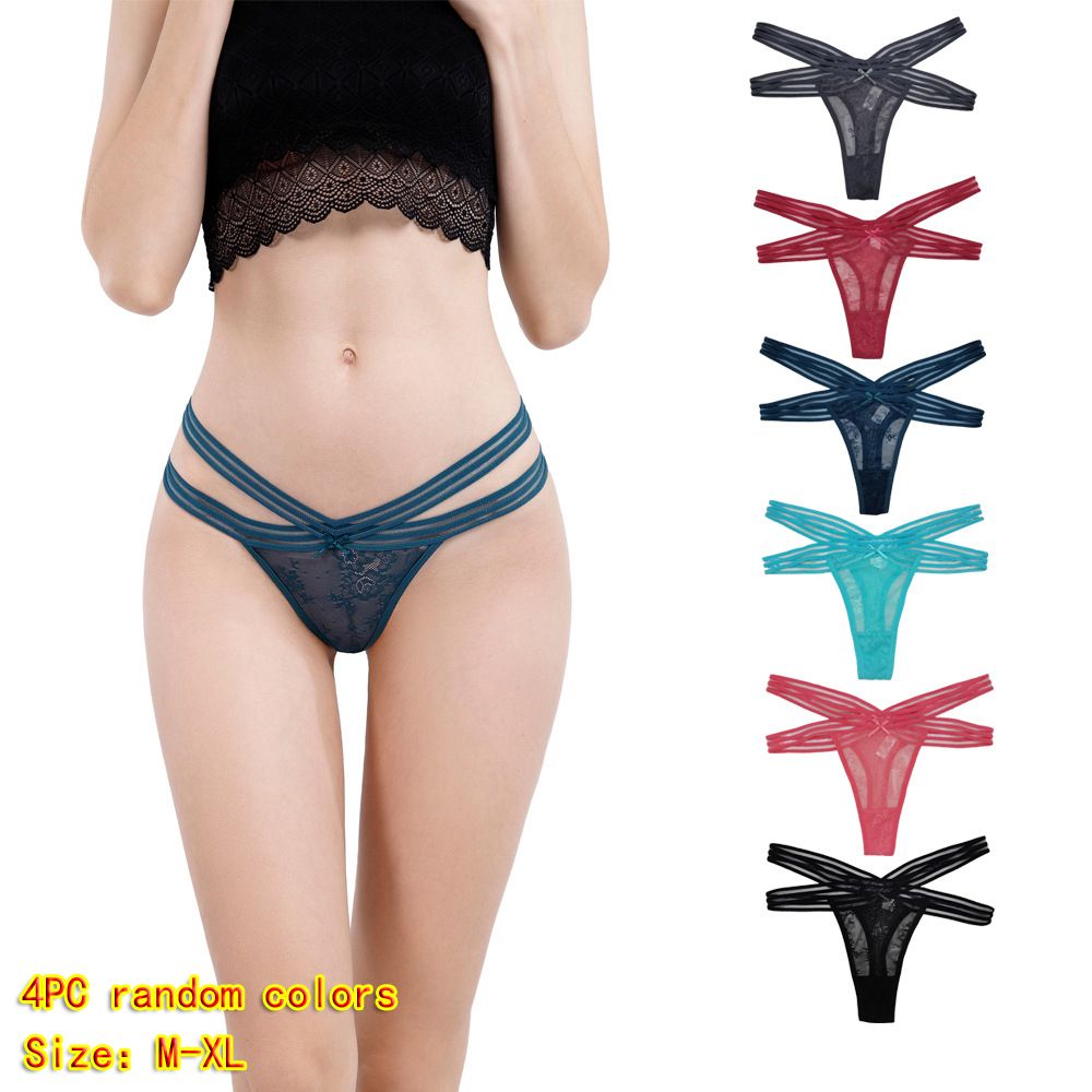 4 Pack Women's low-rise panties solid color thong Ladies super soft Hollow out lace lingerie Girls Invisible briefs underwear clothing