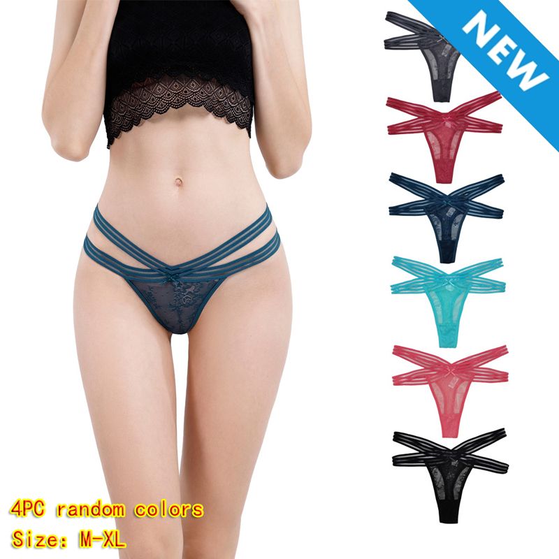 4 Pack Women's low-rise panties solid color thong Ladies super soft Hollow out lace lingerie Girls Invisible briefs underwear clothing
