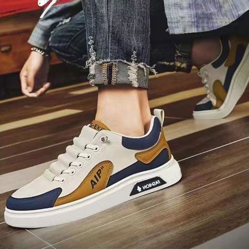 Size 41-44 Men's casual PU artificial leather running shoes students single shoes sneakers boys sports driving shoes athletic skateboarding white+ brown shoes