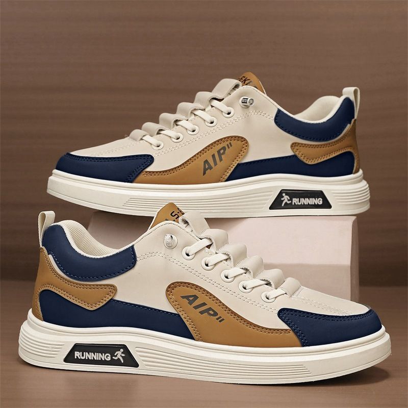 Size 41-44 Men's casual PU artificial leather running shoes students single shoes sneakers boys sports driving shoes athletic skateboarding white+ brown shoes