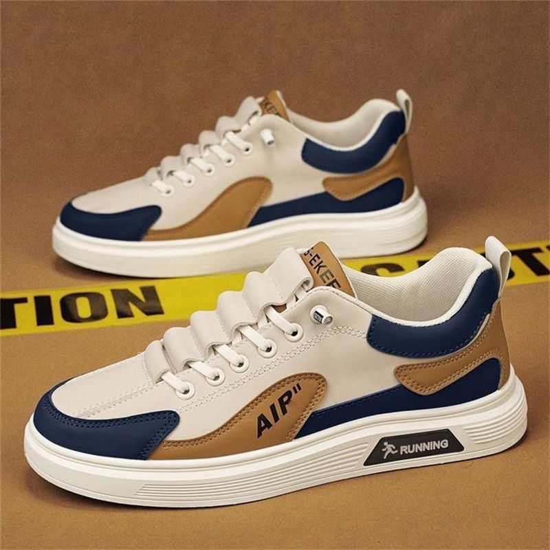 Size 41-44 Men's casual PU artificial leather running shoes students single shoes sneakers boys sports driving shoes athletic skateboarding white+ brown shoes