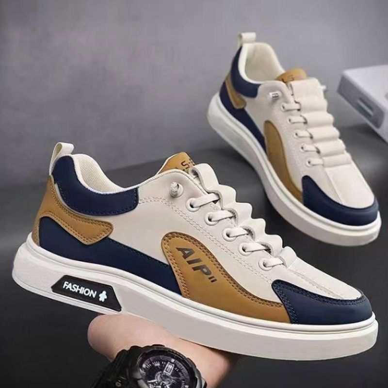 Size 41-44 Men's casual PU artificial leather running shoes students single shoes sneakers boys sports driving shoes athletic skateboarding white+ brown shoes