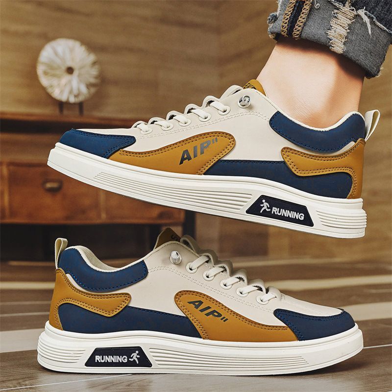 Size 41-44 Men's casual PU artificial leather running shoes students single shoes sneakers boys sports driving shoes athletic skateboarding white+ brown shoes