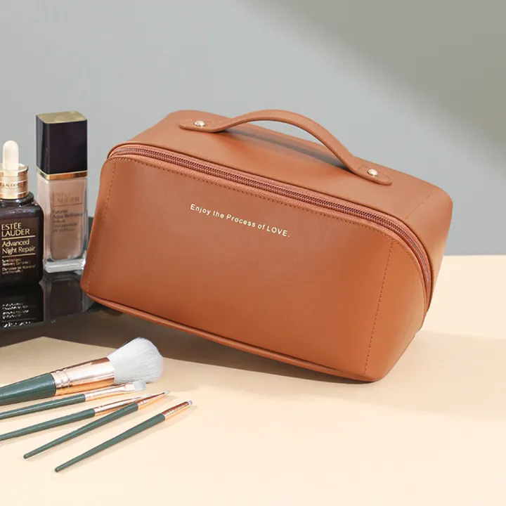 Portable Double Layer Cosmetic Bag Pillow Makeup Bag Soft PU Leather Travel Large Capacity Toiletries Storage Bag Pouch