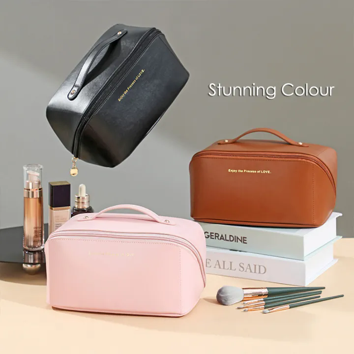 Portable Double Layer Cosmetic Bag Pillow Makeup Bag Soft PU Leather Travel Large Capacity Toiletries Storage Bag Pouch