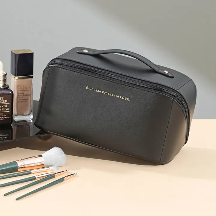 Portable Double Layer Cosmetic Bag Pillow Makeup Bag Soft PU Leather Travel Large Capacity Toiletries Storage Bag Pouch
