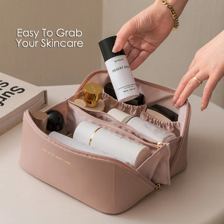 Portable Double Layer Cosmetic Bag Pillow Makeup Bag Soft PU Leather Travel Large Capacity Toiletries Storage Bag Pouch