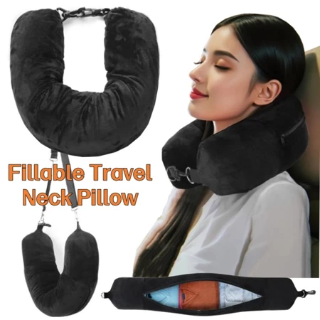 Travel Pillows Fillable Travel U-Neck Pillow Extra Storage Pocket Adjustable Soft for Comfortable Flights