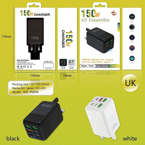 150W Fast Charger USB Type C PD 6A Cable Fast Charging 6-port Fast Charging 3.0 adapter for iPhone Samsung OnePlus phone