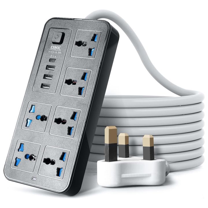 Universal Standard Plug Multi Adapter USB Socket 7 Port Power Strip 10A Fast Charging 3USB PD Extension Socket 7 Outlets Socket Adapter UK Electric Shock Prevention Device