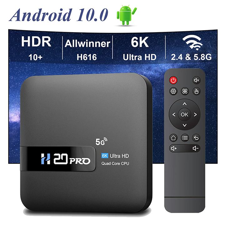 H20PRO Smart TV Box Android 10.0 TV BOX Allwinner H618 Dual Wifi Quad Core 1080P Video TV BOX 2GB 16GB 2.4&5G 4K HD Voice Assistant Media player Android Play Store Very Fast 1080P Set top box