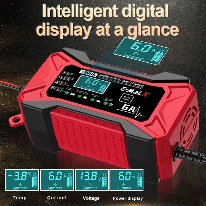 12V 6A Car Battery Charger Fully Automatic Intelligent Pulse Car Motorcycle Ship Battery Charger Pulse Repair LiFePO4 14.6V Smart Fast Charge AGM Deep Cycle GEL Lead-Acid Charger For Auto Motorcycle