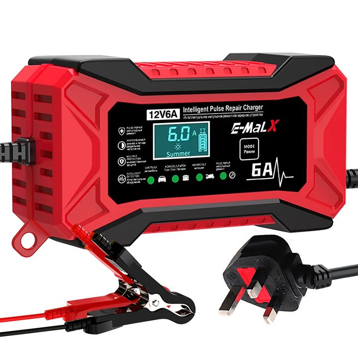 12V 6A Car Battery Charger Fully Automatic Intelligent Pulse Car Motorcycle Ship Battery Charger Pulse Repair LiFePO4 14.6V Smart Fast Charge AGM Deep Cycle GEL Lead-Acid Charger For Auto Motorcycle