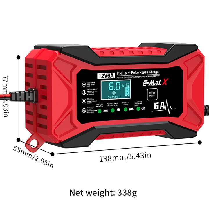 12V 6A Car Battery Charger Fully Automatic Intelligent Pulse Car Motorcycle Ship Battery Charger Pulse Repair LiFePO4 14.6V Smart Fast Charge AGM Deep Cycle GEL Lead-Acid Charger For Auto Motorcycle