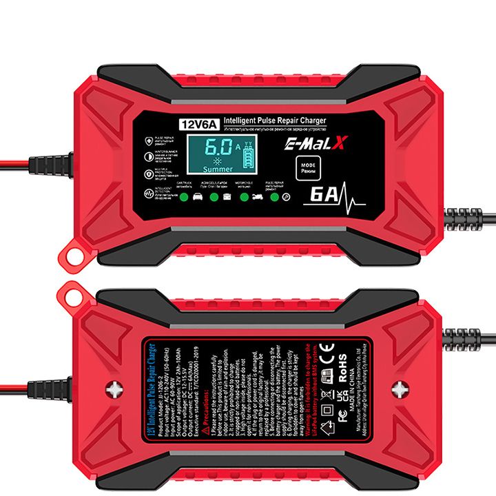 12V 6A Car Battery Charger Fully Automatic Intelligent Pulse Car Motorcycle Ship Battery Charger Pulse Repair LiFePO4 14.6V Smart Fast Charge AGM Deep Cycle GEL Lead-Acid Charger For Auto Motorcycle
