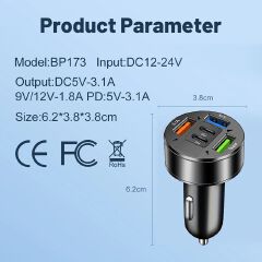 250W 5 Ports Car Charger LED Display Fast Charging PD QC3.0 USB C Car Phone Charger Type C Adapter In Car For IPhone Samsung Xiaomi TECNO Infinix itel