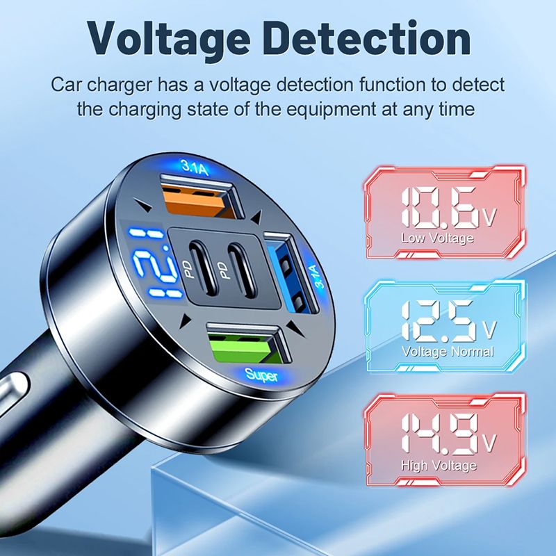 250W 5 Ports Car Charger LED Display Fast Charging PD QC3.0 USB C Car Phone Charger Type C Adapter In Car For IPhone Samsung Xiaomi TECNO Infinix itel