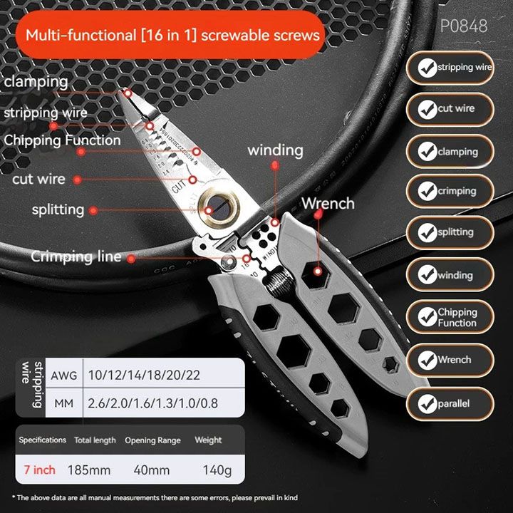 9 in 1 multifunctional electrician pliers 7-inch wire strippers Cable Stripping Crimping Striping External hex wrench Hand tools