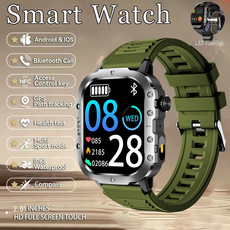 2026 New Smartwatches Military Outdoor Smart Watch Men's GPS Flashlight Voice Bluetooth Call 2.01"HD Touch Screen 3ATM Waterproof Sports Smartwatch GPS Tracking Smartwatch