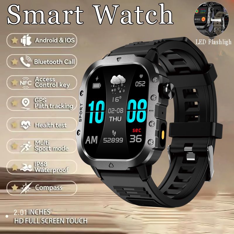 2026 New Smartwatches Military Outdoor Smart Watch Men's GPS Flashlight Voice Bluetooth Call 2.01"HD Touch Screen 3ATM Waterproof Sports Smartwatch GPS Tracking Smartwatch
