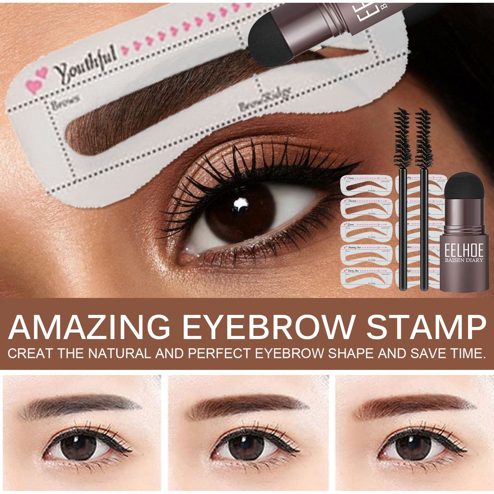 Eyebrow Stamp Stencil Kit - 10PCS One Step Eyebrow Shaping Kit, 2 Brushes, Professional Brow Powder Waterproof Long-Lasting Professional Makeup