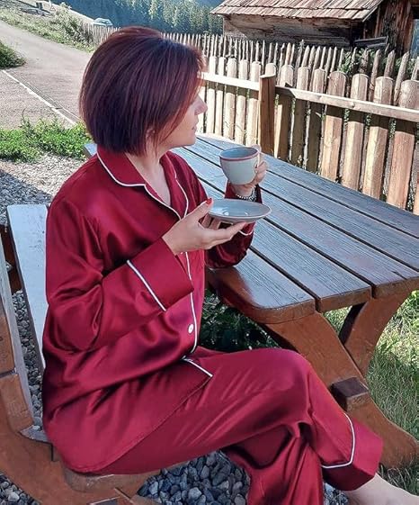 Women's Silk Satin Pajamas Set Long Sleeve Sleepwear Soft Pjs Set Two Piece Button Down Loungewear Pj Set