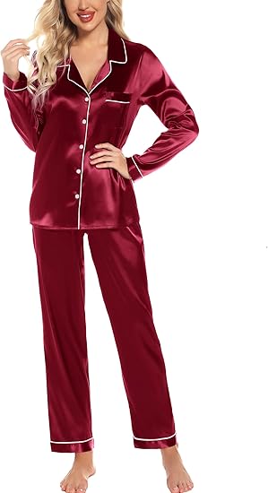 Women's Silk Satin Pajamas Set Long Sleeve Sleepwear Soft Pjs Set Two Piece Button Down Loungewear Pj Set