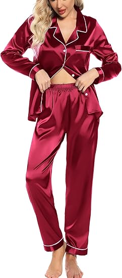 Women's Silk Satin Pajamas Set Long Sleeve Sleepwear Soft Pjs Set Two Piece Button Down Loungewear Pj Set