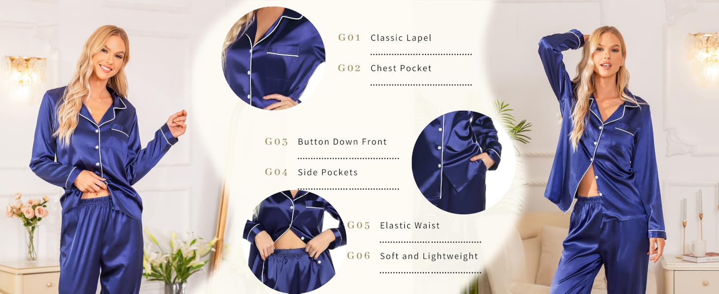 Women's Silk Satin Pajamas Set Long Sleeve Sleepwear Soft Pjs Set Two Piece Button Down Loungewear Pj Set