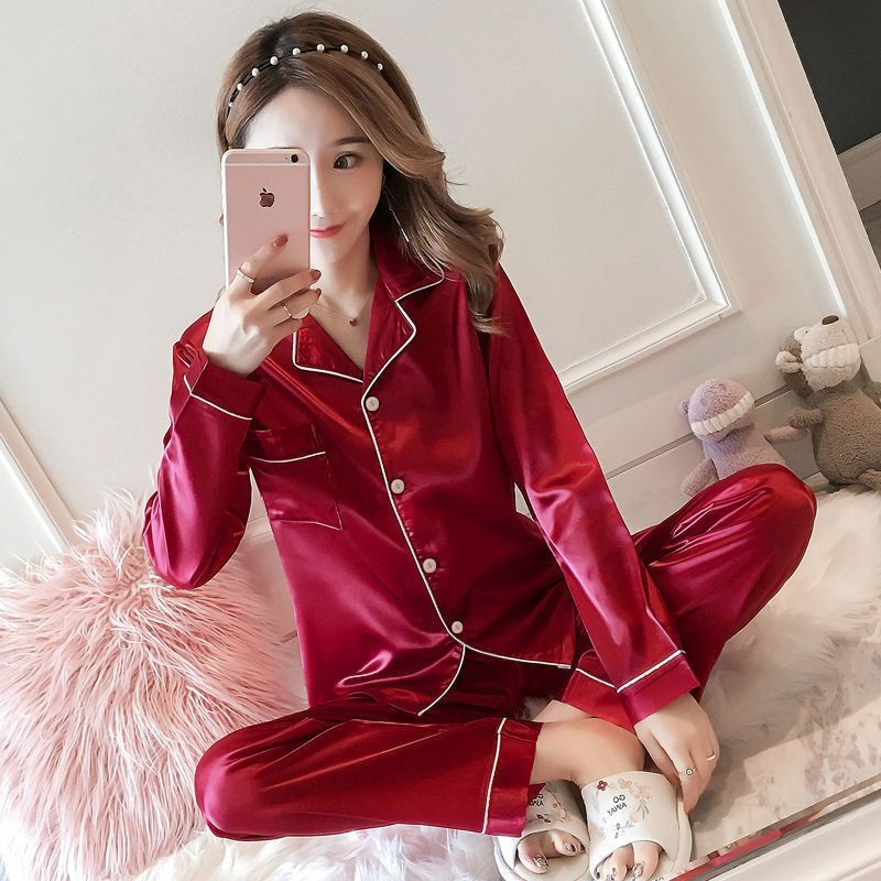 Women's Silk Satin Pajamas Set Long Sleeve Sleepwear Soft Pjs Set Two Piece Button Down Loungewear Pj Set