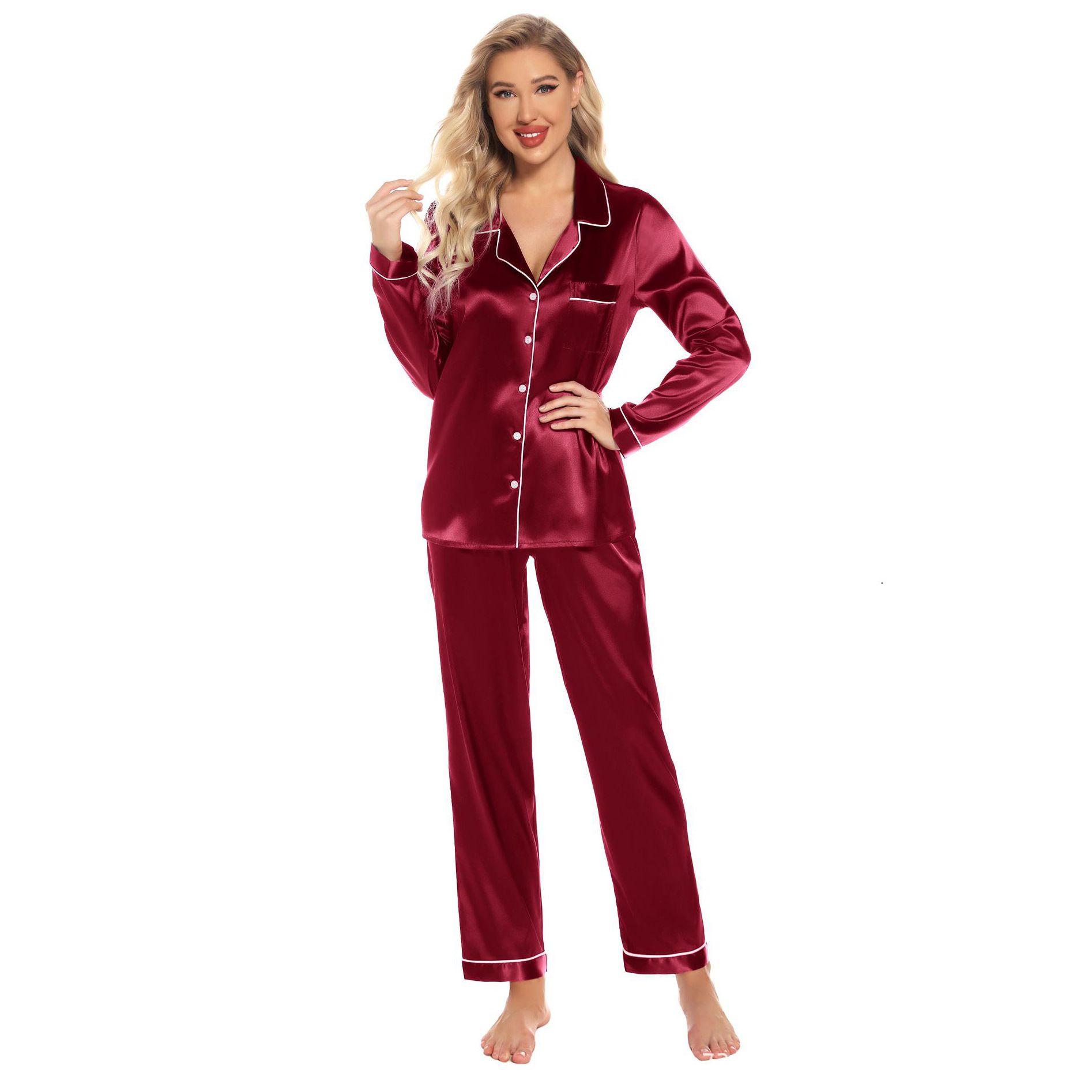 Women's Silk Satin Pajamas Set Long Sleeve Sleepwear Soft Pjs Set Two Piece Button Down Loungewear Pj Set