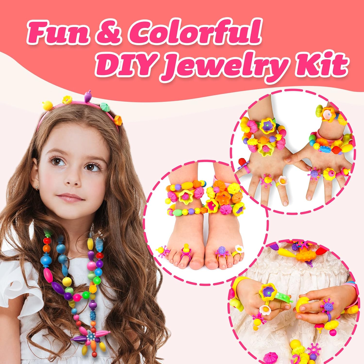 Beads Jewelry Making Kit for Girls,108 Piece Set for Girls Ages 3 and Up,Colorful Snap Beads,Bracelet,Necklaces