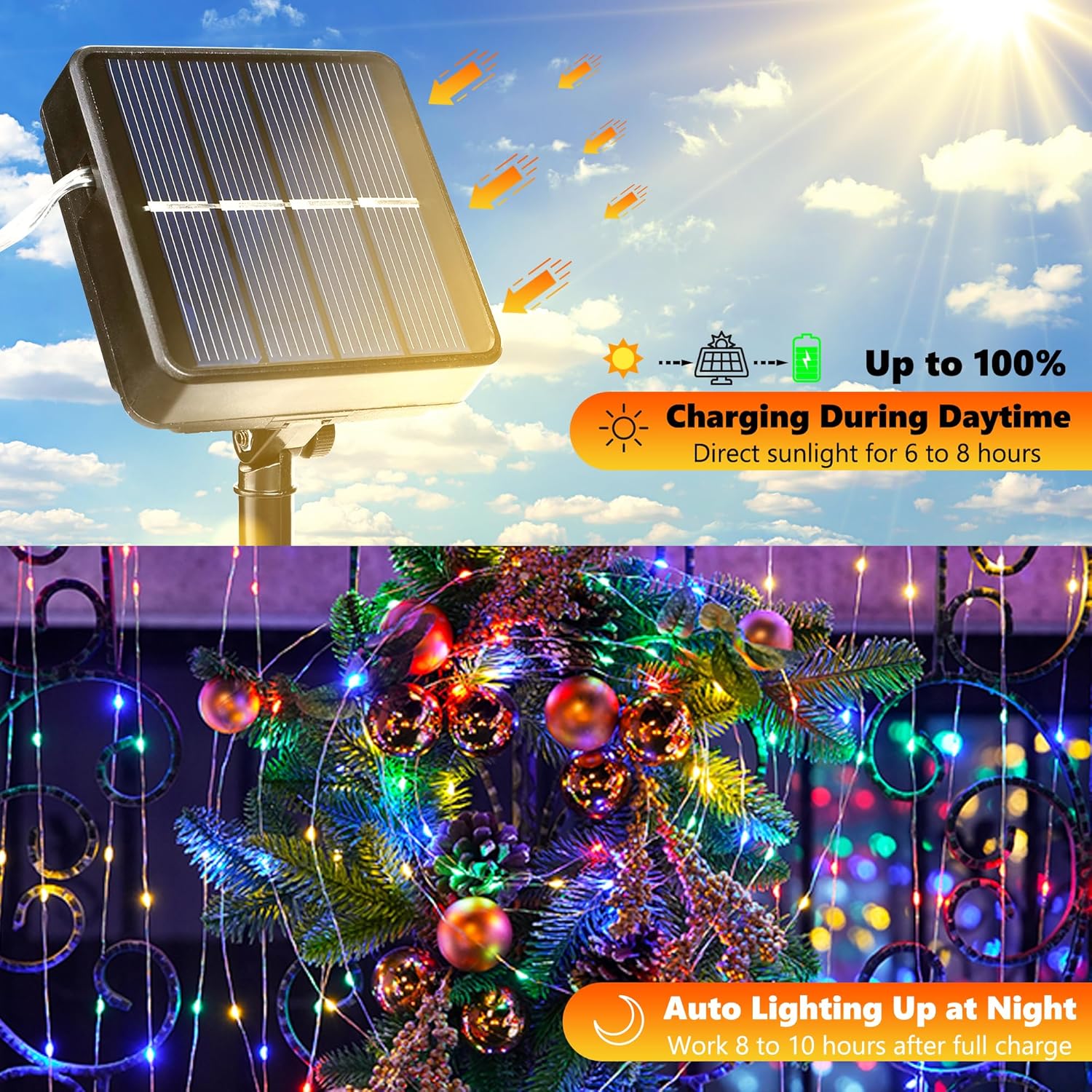 Solar LED Strip Lights,10M 100LED Solar-Powered String Lights,Outdoor IP65 Waterproof 8 Modes