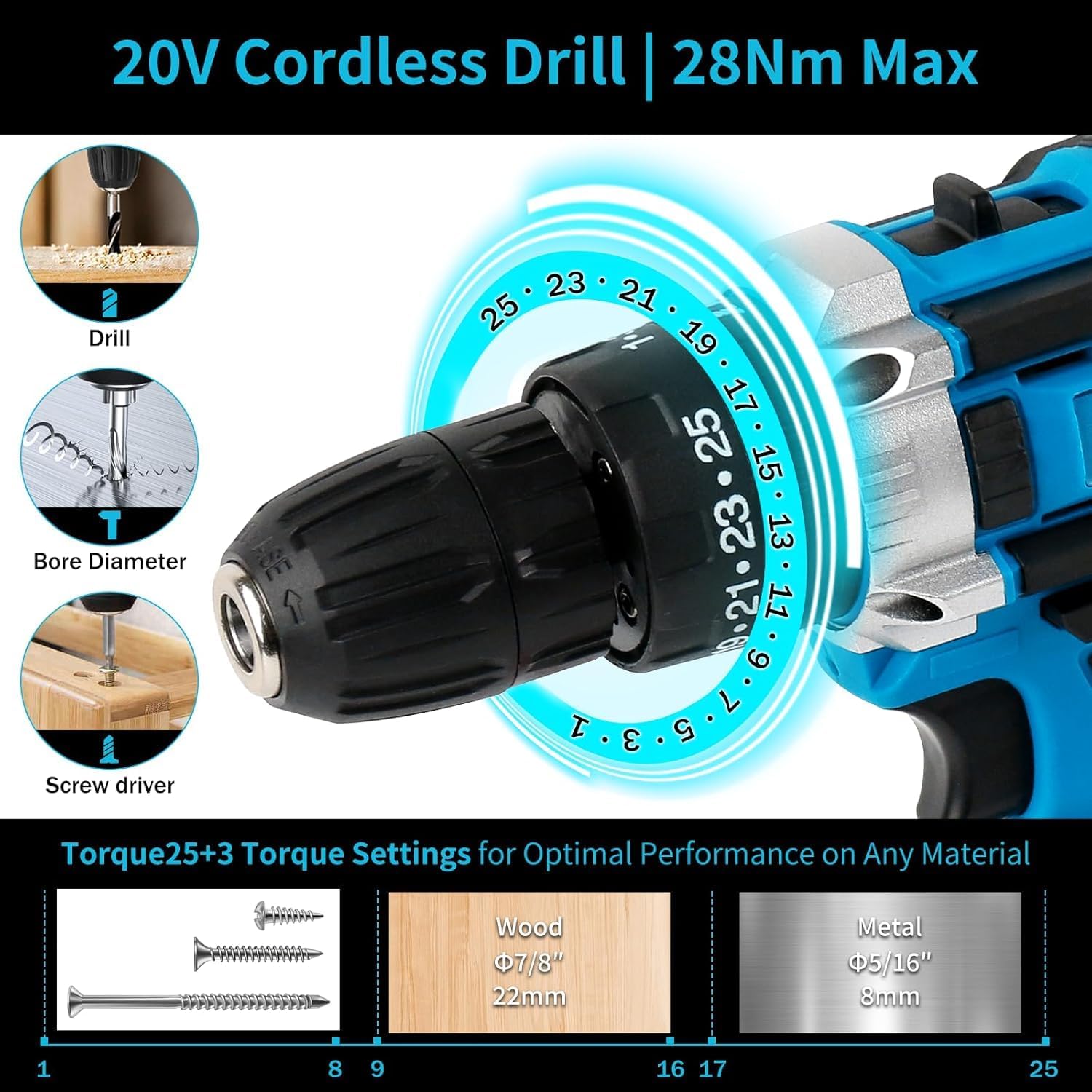 Cordless Drill with Battery and Charger, 21V Drills with 2 Batteries, Drilling for Specialized Field and Homework, Electric Drill with LED Light, Variable Speed Mode