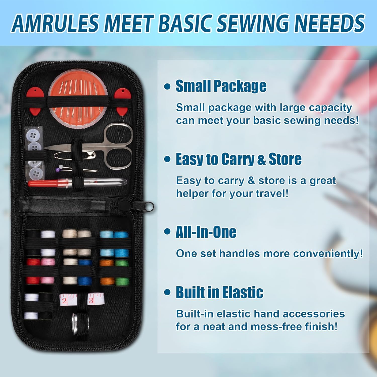 Sewing Kit with Case, Portable Needle and Thread Kit with Sewing Supplies and Accessories, Ideal for Adults,Beginners,Travelers,Home,Emergency, Includs Scissors,Measure Tape,Needle Threader and More