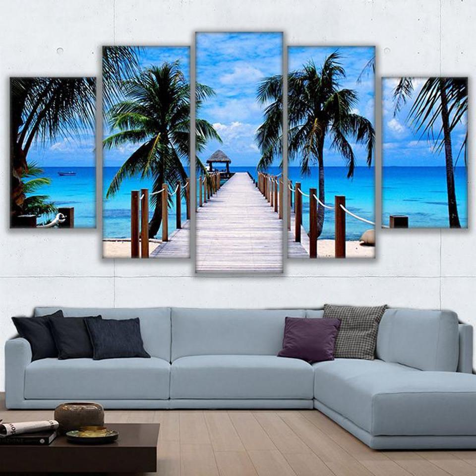 5 Piece Picture Canvas Wall Art,Painting Frameless Canvas Blue Sky Sea Bridge Coconut Tree Prints for Living Room, Ready to Hang Only canvas painting, no frame