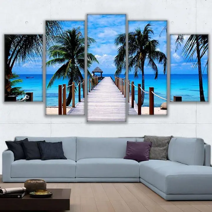 5 Piece Picture Canvas Wall Art,Painting Frameless Canvas Blue Sky Sea Bridge Coconut Tree Prints for Living Room, Ready to Hang Only canvas painting, no frame