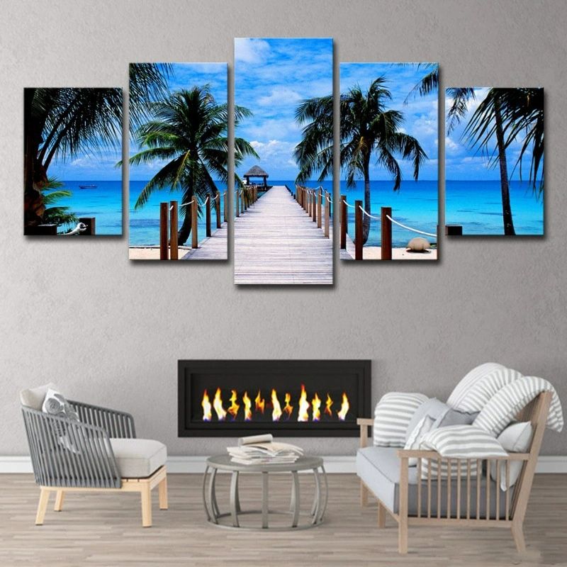 5 Piece Picture Canvas Wall Art,Painting Frameless Canvas Blue Sky Sea Bridge Coconut Tree Prints for Living Room, Ready to Hang Only canvas painting, no frame