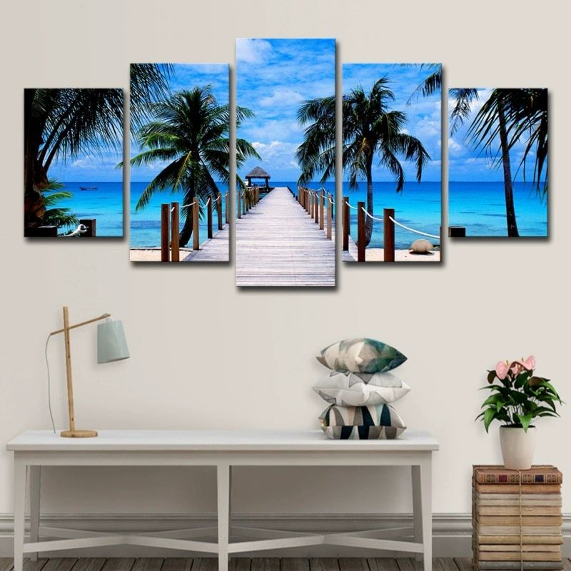 5 Piece Picture Canvas Wall Art,Painting Frameless Canvas Blue Sky Sea Bridge Coconut Tree Prints for Living Room, Ready to Hang Only canvas painting, no frame
