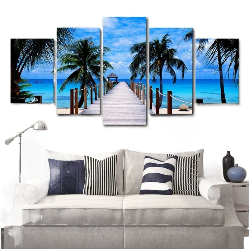 5 Piece Picture Canvas Wall Art,Painting Frameless Canvas Blue Sky Sea Bridge Coconut Tree Prints for Living Room, Ready to Hang Only canvas painting, no frame