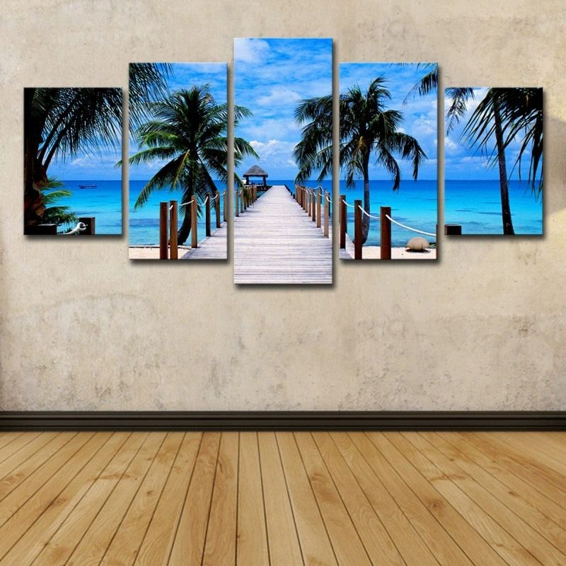5 Piece Picture Canvas Wall Art,Painting Frameless Canvas Blue Sky Sea Bridge Coconut Tree Prints for Living Room, Ready to Hang Only canvas painting, no frame
