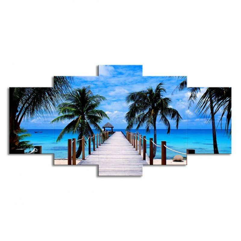5 Piece Picture Canvas Wall Art,Painting Frameless Canvas Blue Sky Sea Bridge Coconut Tree Prints for Living Room, Ready to Hang Only canvas painting, no frame