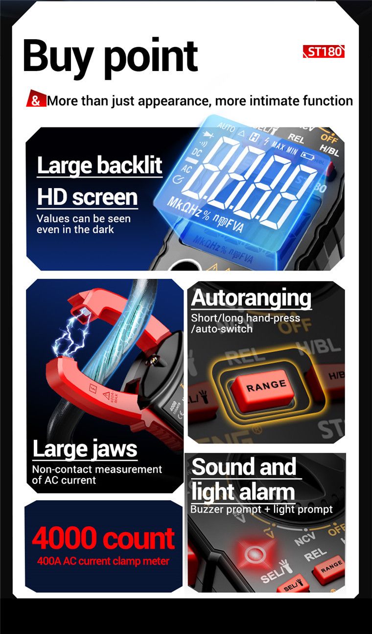 T180 4000 Counts Digital Clamp Meter Multimeter Clamp Multimeter Voltmeter Ammeter AC DC Voltage AC Current Meter NCV Tester Universal Meter Tester Current Yellow
